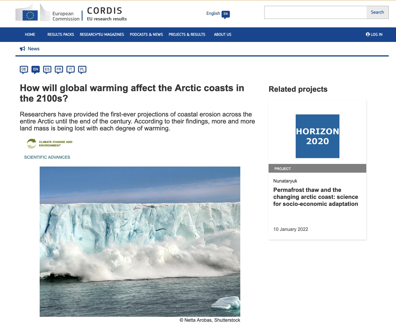 CORDIS highlights the Nature Climate Change publication predicting increase in Arctic coastal erosion 
